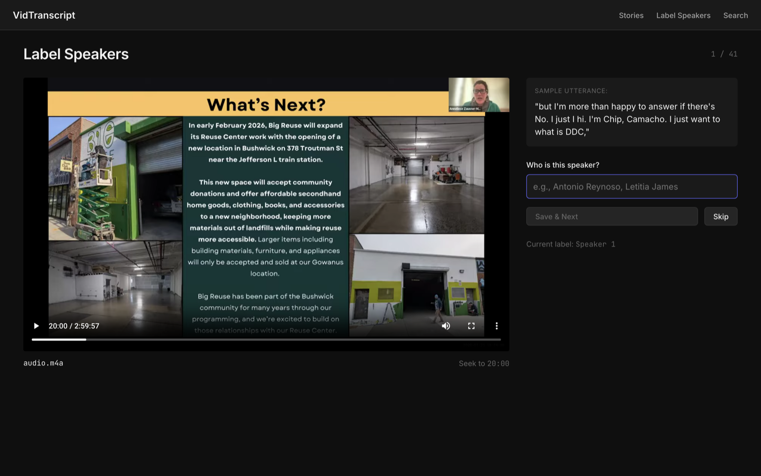 Speaker labeling: Speaker 1 of 41, a sample utterance and video frame, and a Who-is-this-speaker field pre-seeded with an LLM suggestion the human must confirm.