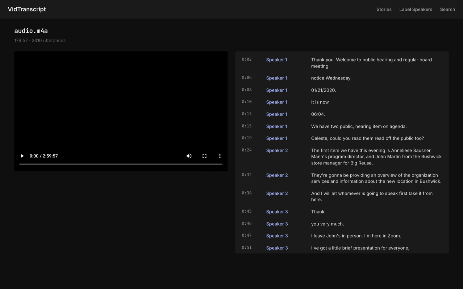 Transcript viewer dimmed: a three-hour recording, audio.m4a 179:57, 2,410 utterances — the wall the operator stares down.