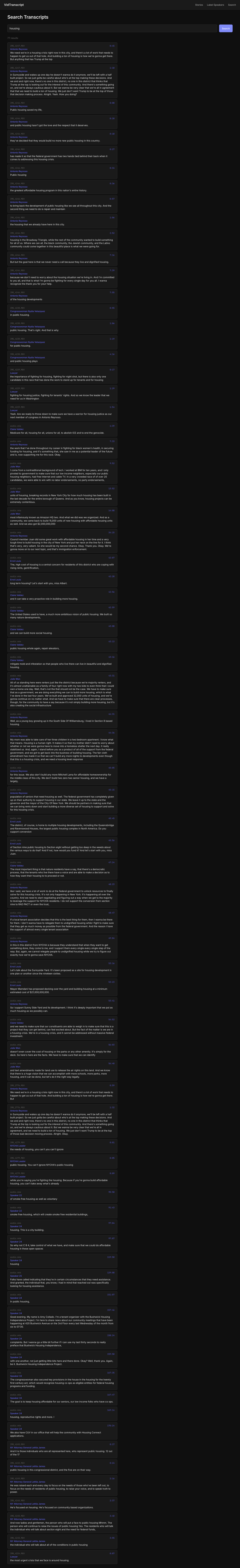 A search over the footage archive: many attributed, timestamped quote hits returned for a topic query — the archive functioning as a searchable quote database.