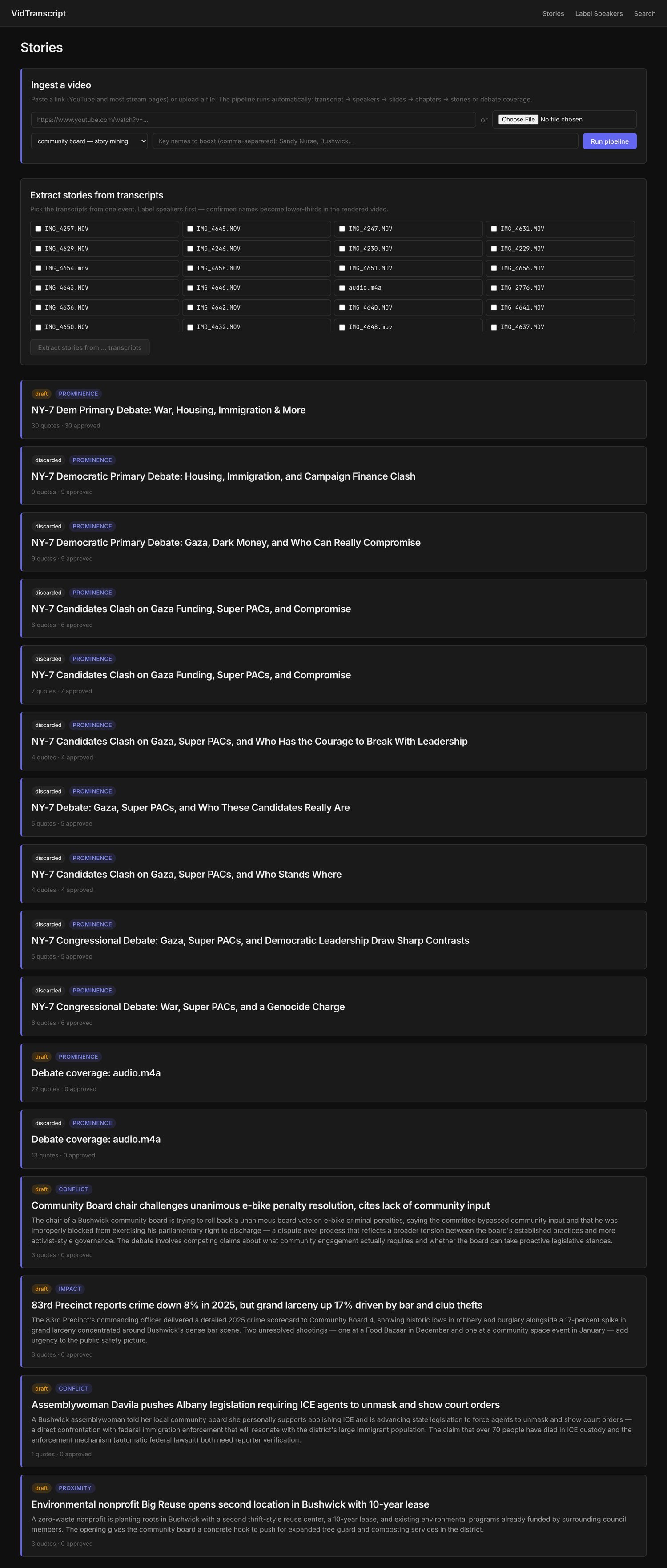 The vidtranscript one-click front door: a single ingest panel where an operator pastes a civic-video URL or chooses a file, picks a profile, and runs the pipeline — no command line.